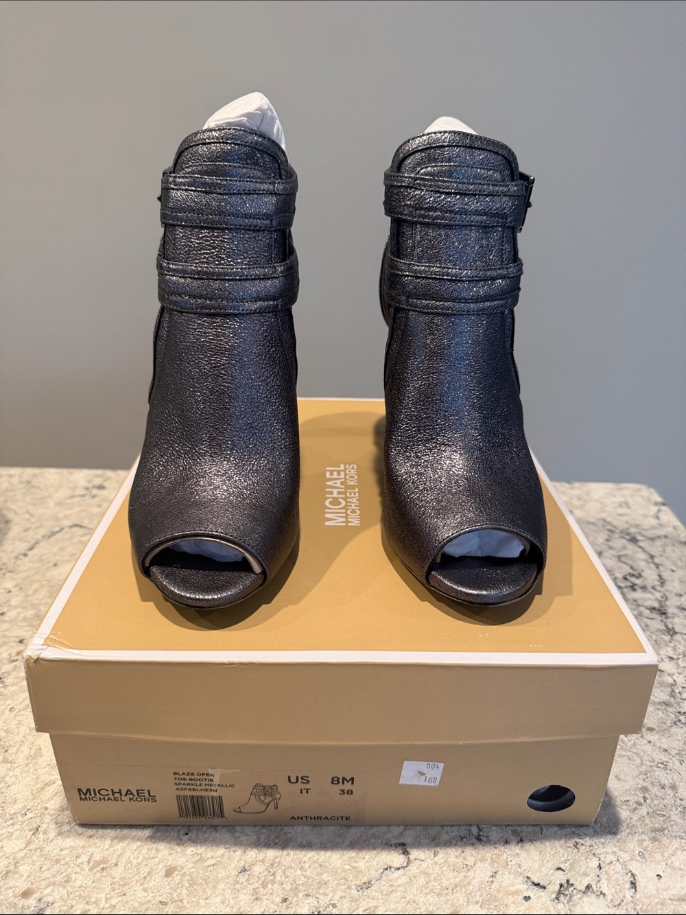 NWT Michael Kors Metallic Anthracite Peep-Toe Ankle Booties Size 8